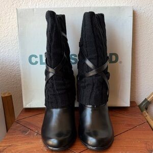 Classified Black Knit-Shaft Heeled Boots with Cross-Strap Detail